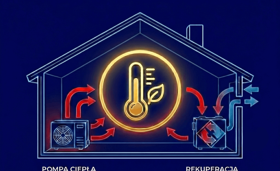 Schemat działania pompy ciepła i rekuperacji w domu jednorodzinnym